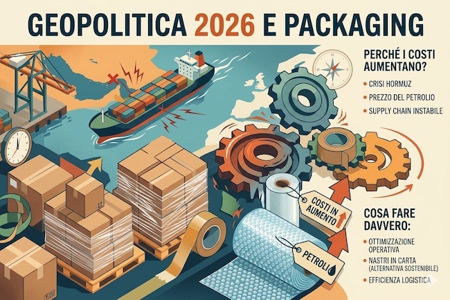 Geopolitica 2026 e packaging: perché i costi di nastri, film estensibile e pluriball stanno aumentando (e cosa fare davvero)